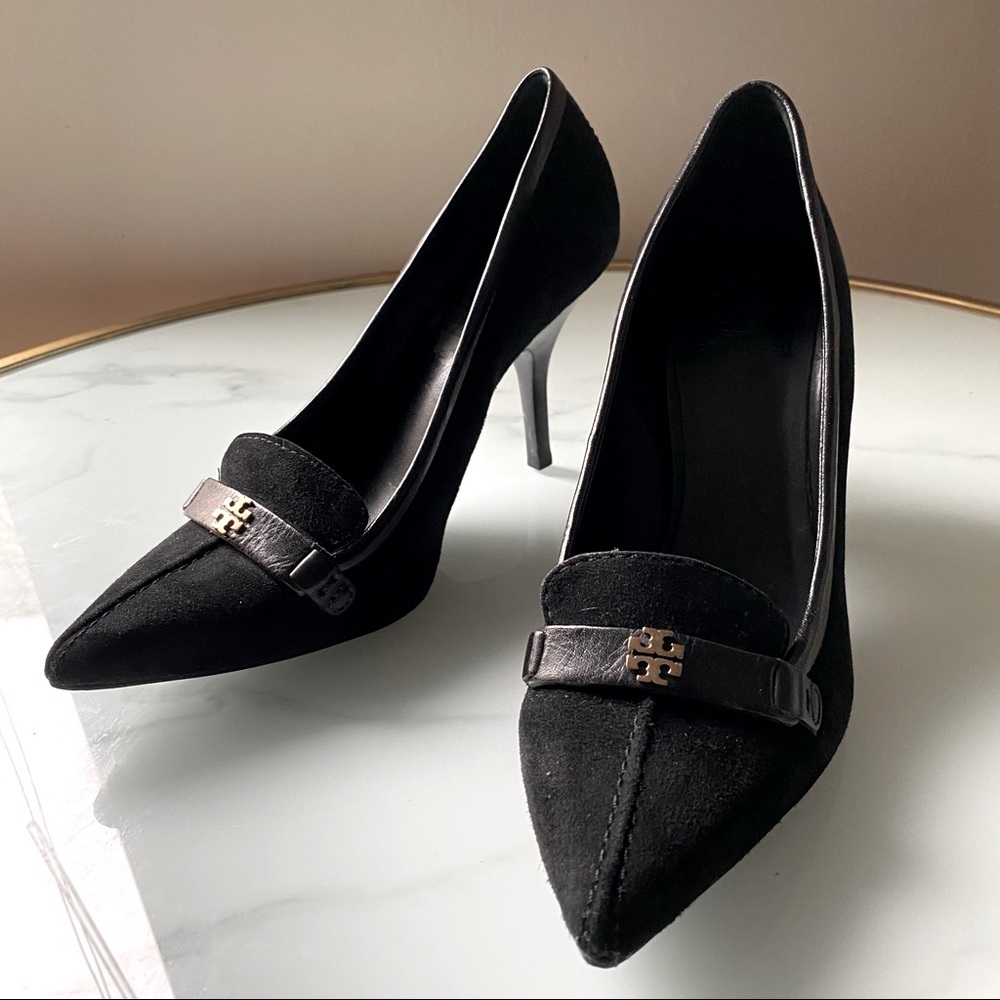 Tory Burch Black Suede Pointed-Toe Heels with Logo Accent